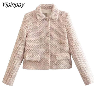 Yipinpay Women Plaid Blazer Coat 2023 Autumn Fashion Office Outfits Long Sleeve Flap Pockets Female Chic Street Outerwear